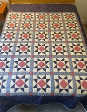 Vintage Hand Pieced Hand Quilted Red Blue White The Amish Star Quilt 86”x100”