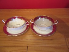 Vintage Aynsley 8013 Rutland Burgundy Gold Two Handled 2 x  Soup bowls & saucers