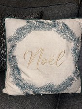 NEXT Christmas Noel Embroidered Cushion & Pad Pearl Embellished Green Velour