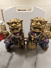 2 X Chinese Cloisonne Fu Foo Dogs Lion Statues Purple And Gold H20cm Vgc