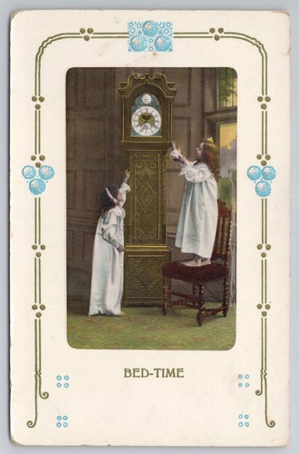 Postcard antique girl clock - antique,