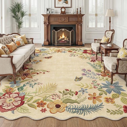Washable area rug beige - beige, floral