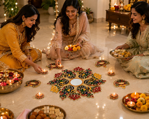 Peacock diya rangoli mirror - peacock,