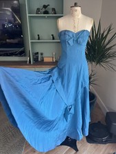 VINTAGE 1950S BALLGOWN FIT & FLARE SIZE 10/12 BLUE BOW MAXI STRAPLESS PROM