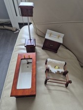 1960s Vintage Wooden Doll House Bathroom Set Bath Sink, Towel Rail, Toilette