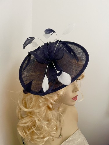 Navy blue white fascinator - blue,