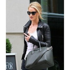 Rosie Huntington Whiteley Black Leather Motorcycle Biker Jacket For Women