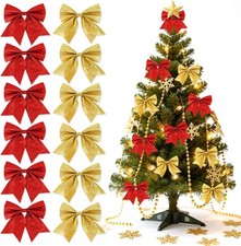 12 Pcs Christmas Tree Bows, 5.9In Large Glitter Decorative Bow, Gold and Red Bow