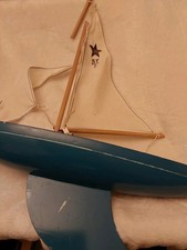English Vintage Blue Wooden Star Yacht SY2 Sails + Red Triang Tin Plate Boat