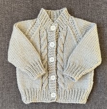 BABY’S HAND-KNITTED CABLE DETAIL  GREY CARDIGAN TO FIT AGE 0-3M APPROX. FREE P&P