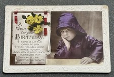 Birthday Greeting Card Postcard Boy In Purple Sou'Wester Mac Pre 1920's RPPC