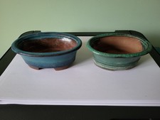 TWO SMALL OVAL CERAMIC BONSAI POTS: 5.25" & 5" LONG: USED BUT IN GOOD CONDITION