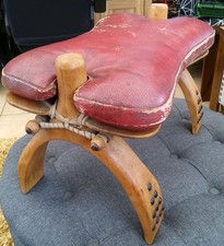 Antique Vintage Egyptian Style Camel Saddle Stool Leather Wood Yugoslavian Craft