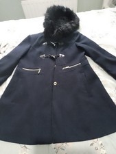Miss Selfridge Navy Blue Hooded Duffle Coat Size UK12