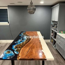 Ocean Wave Epoxy Resin Dining Table Live Edge Wooden Handmade Furniture Bar Deco