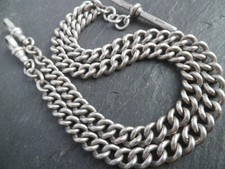 40.8g Antique Silver Plated Double Albert Pocket Watch Chain / T-Bar Necklace