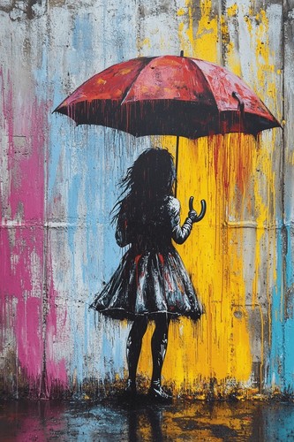 Banksy style red umbrella girl - umbrella,