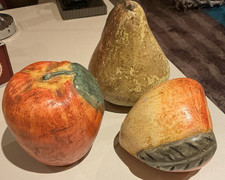 Set of 3 Vintage Italian Carved Alabaster Stone Fruit. Pear Peach Apple. 17-20cm