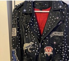 ZARA black leather embroidered studded tiger biker jacket S