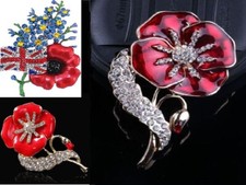 GOLD TONE RED ENAMAL  CRYSTAL ENCRUSTED  OR UK FLAG POPPIE BROOCH PIN