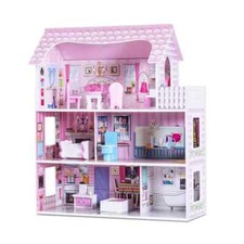COSTWAY Wooden Dollhouse Playset 3-Floor Toy Family House-Pink