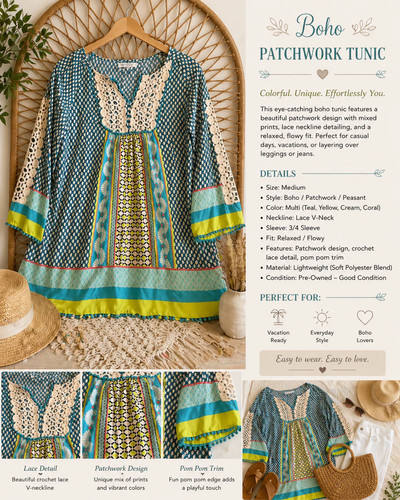 Boho patchwork peasant tunic - boho,