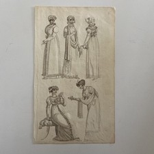 Antique engraving Regency Fashion Plate – Elegant Gowns & Bonnets, c.1806–1810 
