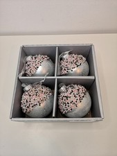 4 Silver Large Glass Baubles Christmas Tree Hanging Decorations Beaded Pink 8cm