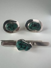 Vintage 925 Silver Turquoise Cufflinks & Tie Clip Set – Mid Century Modern