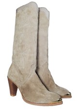Vintage Dingo Suede Gold Toe Stacked Heel Western Boots Beige Women US 8.5  New