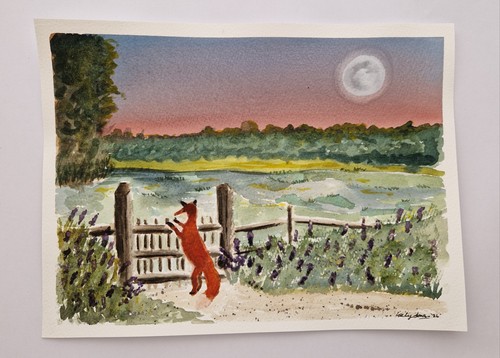 Fox landscape watercolour - watercolour, and