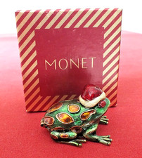 CUTE MONET METAL & ENAMEL CHRISTMAS FROG WEARING A SANTA HAT TRINKET BOX + BOX