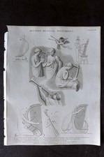 Rees 1820 Music Print. Tuba or Long Trumpet, Cupid playing Flute, Harps 03