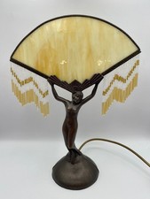 Art Deco Style Table Lamp Nude Woman Figure Fan Dance Beaded Fringe Lampshade