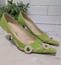 💚 Bettye Muller Green Floral Pump Pointy Shoes Italy Sz 36 Kitten Heel Y2K VTG