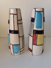 Pair of Vintage 1960s Vases #897 ~ Strehla Keramik ~ 'Mondrian' Design 15.5cm