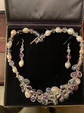 Sterling Silver Wire Necklace/Collar, Earrings Set in the Box with Pearls
