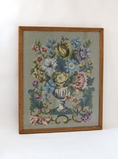 Vintage Tapestry Completed Needlepoint Flowers Vase Cottage Core 23” X 19” Frame