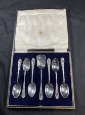 VINTAGE BOX SET SILVER PLATE EPNS 7 TEA SUGAR SPOON CUTLERY CASED QUALITY DINING