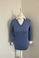 Marks & Spencer Jumper Womens Size UK 10 Blue Merino Wool Collar & Cuff inserts