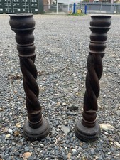 Vintage Pair of Barleytwist Dark Wood Wooden Candlesticks 37cm High