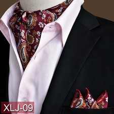 Men`s Premium Paisley Ascot Tie Cravat & Pocket Square Hanky Wedding with Box