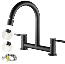 Bridge Kitchen Sink Mixer Tap 2 Hole Deck Mounted Dual Lever 360° Swivel Brass