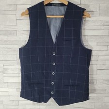Mens PRIMARK Waistcoat Blue Medium Check Thick Wool Blend Slim Fit Casual Formal