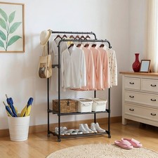 Heavy Duty Clothes Rail 120Kg Load Sturdy Clothes Rack with 2Tier Shelf & Wheels