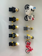 lego minifigures, police motorbike & bicycle.