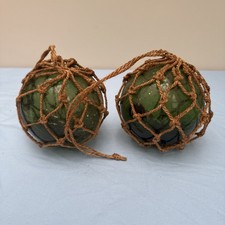 Vintage Glass Fishing Net Floats Green Original String Macrame.    (B48)