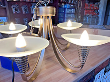 5 Bulb Chandelier, Medieval Feel Curving Arms Finished In Gold Working Complete.