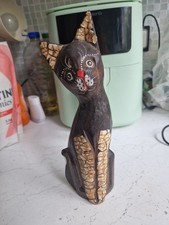 Vintage Wooden Cat  Sculpture Carved Figurine