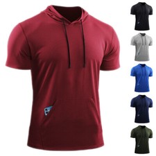 Mens Short Sleeve Hoodie Tops Sport Gym Fitness Running Muscle Quick Dry T Shirt
